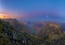 Sunrise while the full moon still sits high above Wasdale. View from Great Gable