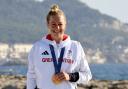 Great Britain's Eleanor Aldridge with her gold medal following the Women's Kite Final  at Marseille Marina - Marseille