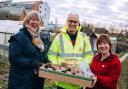 Elaine, Julia and Kev Dodds with the Potty Plotters Ping Pong Plant Pot Present and Game