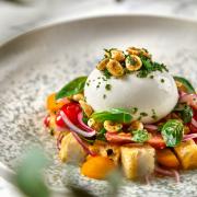 Burrata with panzanella and tomato, at Luciano by Gino d'Acampo