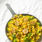 Orecchiette with Brussels sprouts, sausages, olives and rosemary