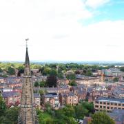 Looking out beyond the steeple of the Parish Church of St John the Evangelist, Altrincham.