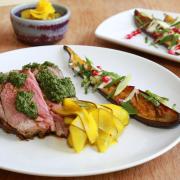 Ras el hanout roast leg of lamb, cumin and lemon aubergines, salsa verde and courgette pickle