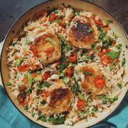 Crispy chicken and spring onion rice