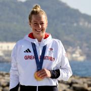 Great Britain's Eleanor Aldridge with her gold medal following the Women's Kite Final  at Marseille Marina - Marseille