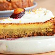 Pistachio, pine nut and rapeseed oil cake with whipped honey yogurt and lavender roast plums