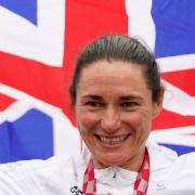 Great Britain's Sarah Storey celebrates with the gold medal in the Women's C5 Time Trial at the Tokyo games