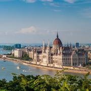 Panorama view from Buda at the parliament with Danube river in Budapest