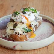 Wild mushrooms, eggy bread, Mrs Kirkham’s Cheese and duck egg