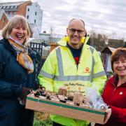 Elaine, Julia and Kev Dodds with the Potty Plotters Ping Pong Plant Pot Present and Game