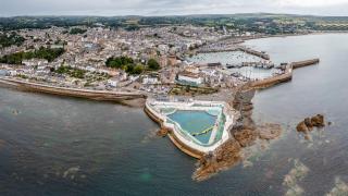 Aerial panorama landscape of the Cornish coast town of Penzance