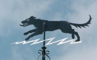 The Black Shuck weather vane in Bungay