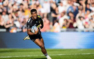 Immanuel Feyi-Waboso of Exeter Chiefs scores his sides second try during the Gallagher Premiership Rugby match between Exeter Chiefs and Harlequins at Sandy Park, Exeter, United Kingdom on 11 May 2024.