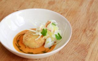 Lobster fishcake, coconut bisque and fennel